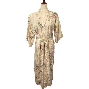 Vtg INNER MOST Floral SATIN House Coat ROBE Long Women's Small USA Made Ivory